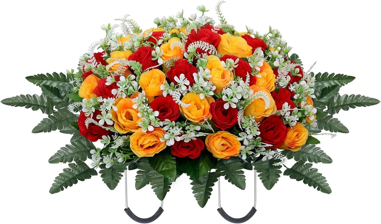 Headstone Flower Saddle – Large Artificial Cemetery Flowers for Grave, Red & Yellow Silk Roses, Outdoor Tombstone Memorial Decoration